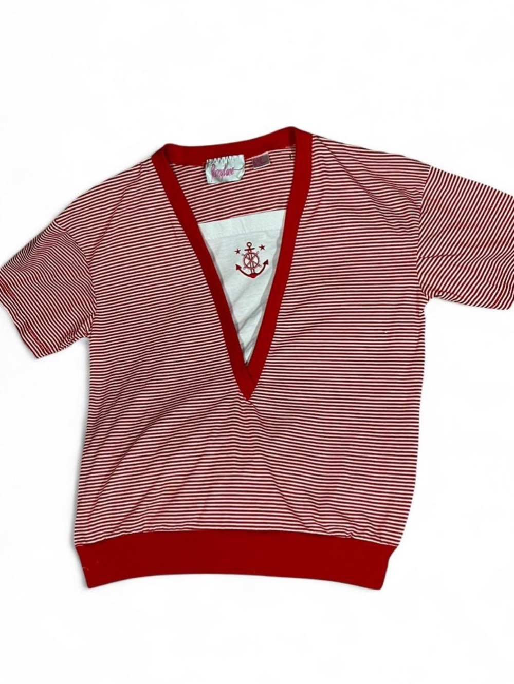 Vintage 80s Pennylane Striped Deep V Nautical Top